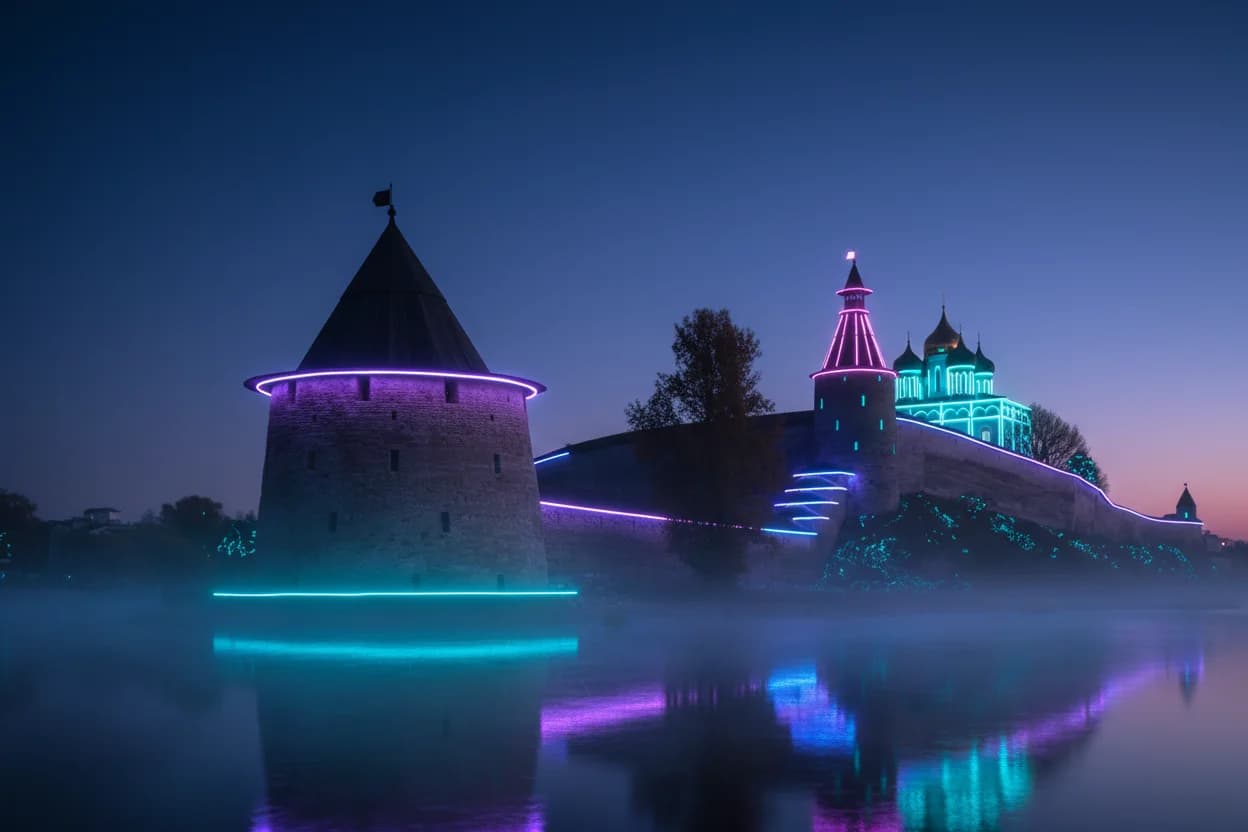 Ночной вид на Псковский Кремль с неоновой стилизацией подсветки архитектуры