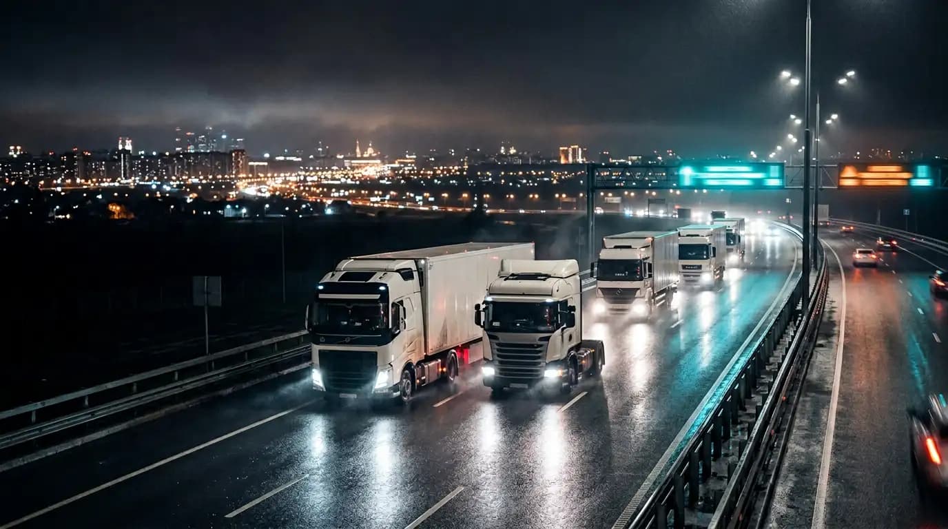 Междугородняя фура на ночной трассе, огни города и мокрый асфальт