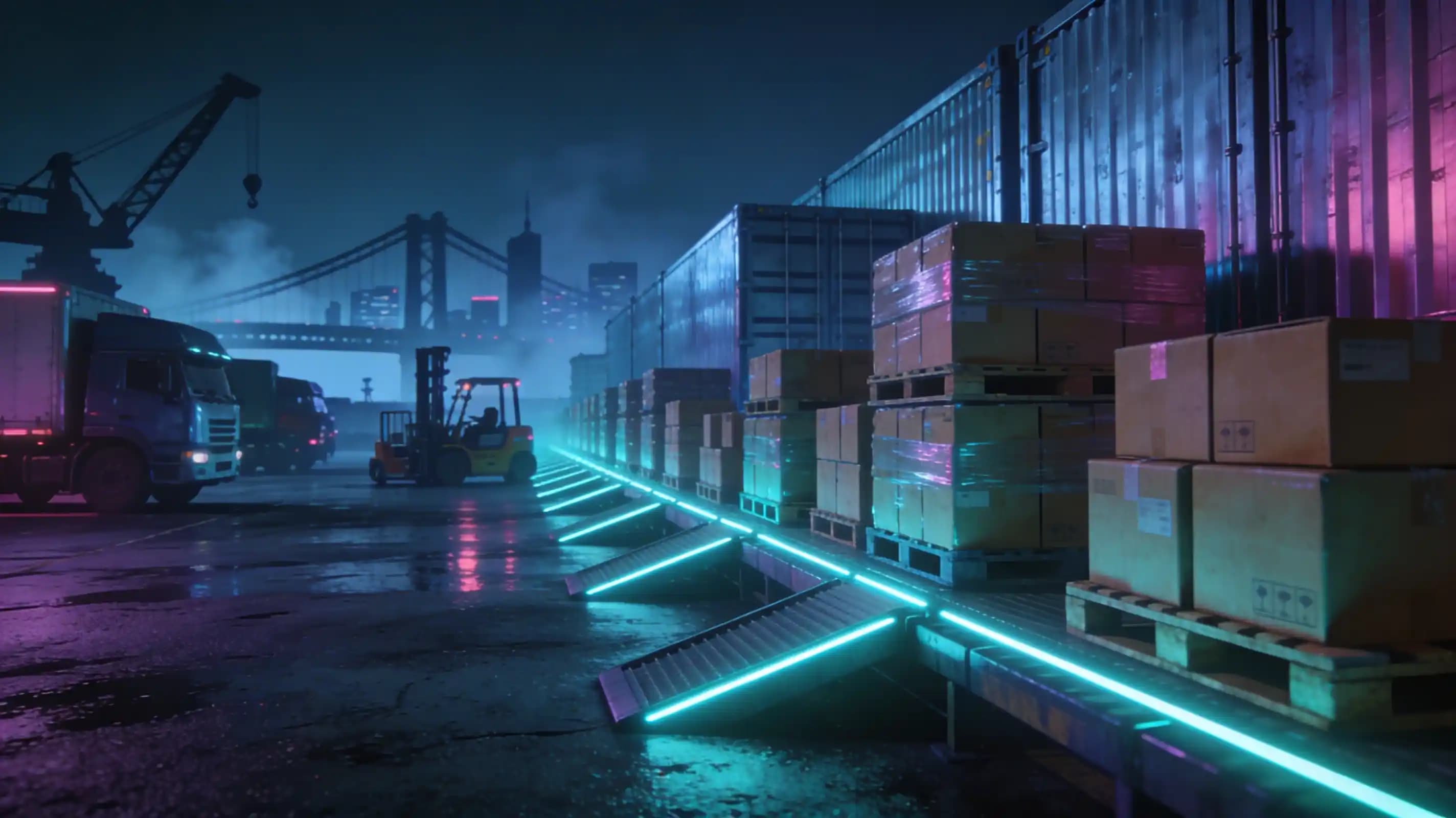 Ночной логистический терминал с грузовой площадкой и подсветкой