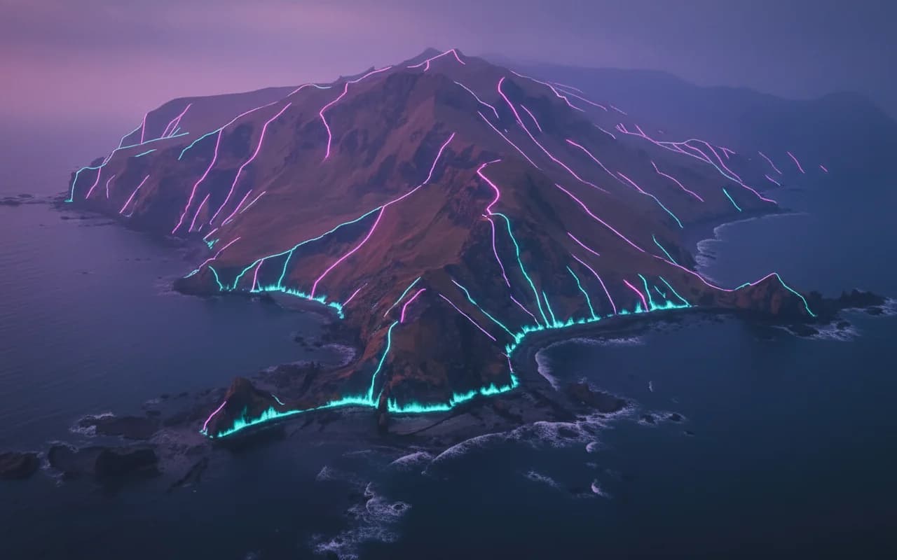 Ночной вид на остров Медный, Камчатка: горы и неоновые линии рельефа над водой