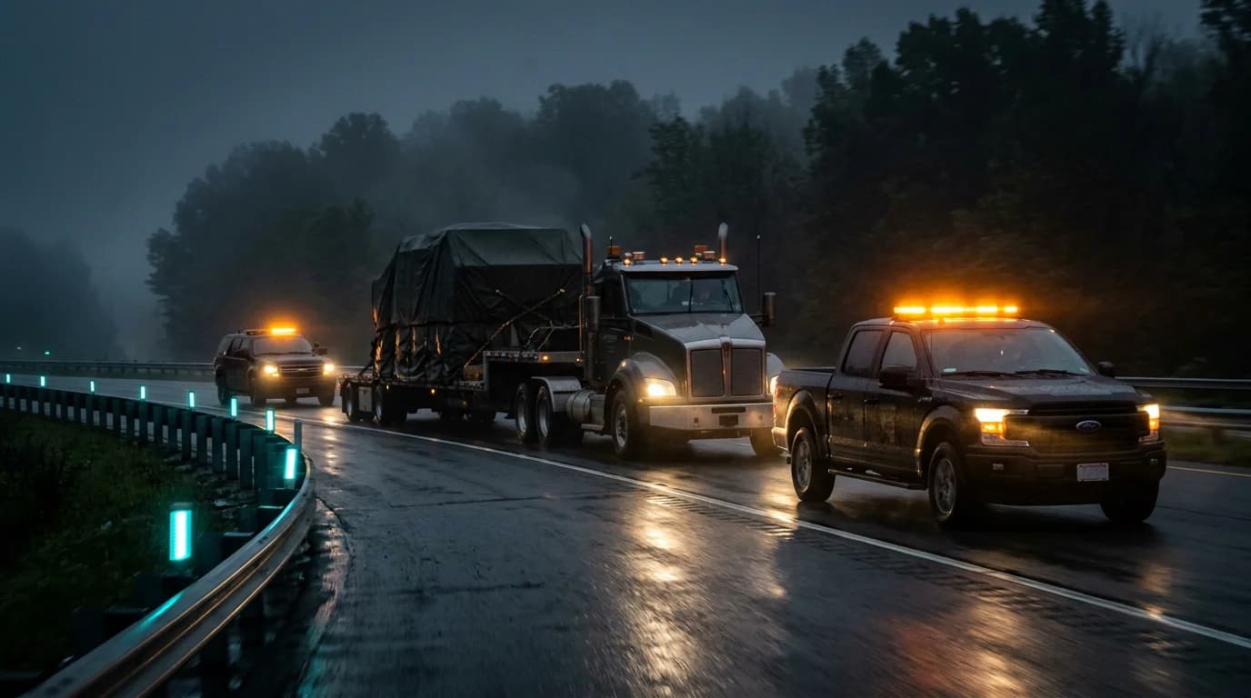 Ночной конвой: сопровождение крупногабаритного груза по мокрому шоссе