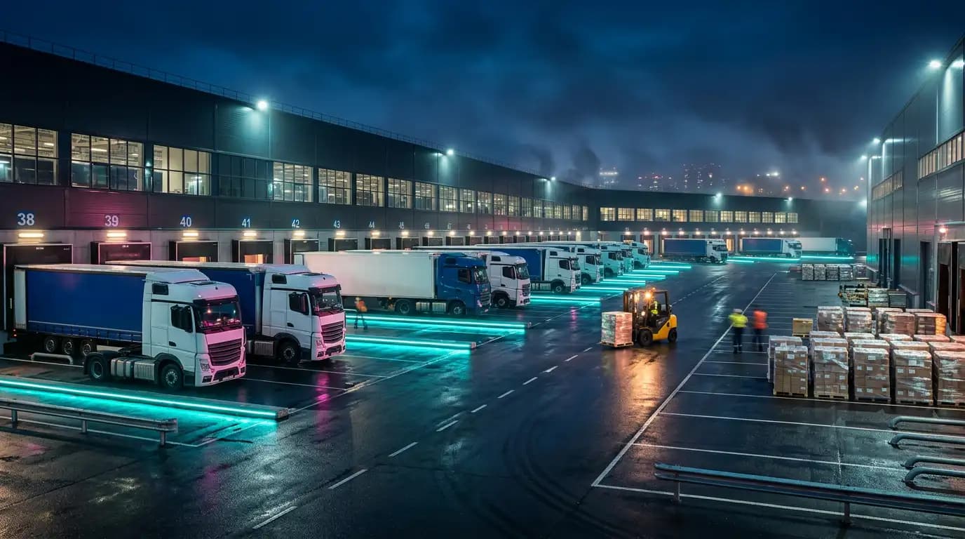 Ночной логистический хаб: фуры у складских ворот, подсветка погрузочных зон