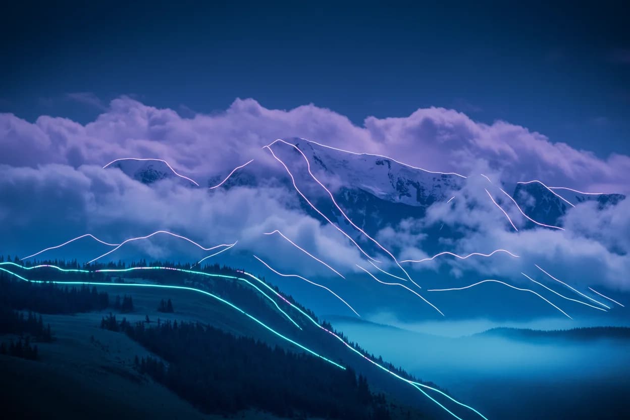 Горный пейзаж: вид на Актуру, Кош-Агачский район, Алтай, неоновые контуры рельефа