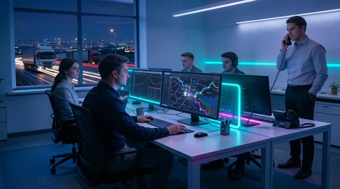 Диспетчерский центр логистики: сотрудники за рабочими местами с мониторами карт и маршрутов
